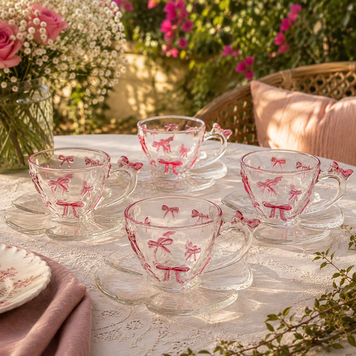 Kit 4 Xícara com Pires de Vidro com Detalhe de Laço Rosa