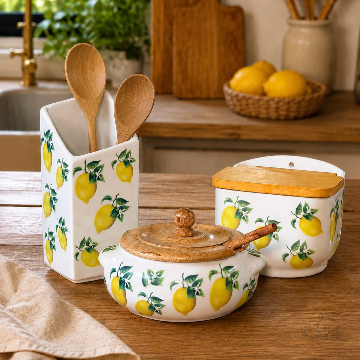 Kit 3 peças saleiro + porta-utensílios + farinheira em porcelana - Limão siciliano