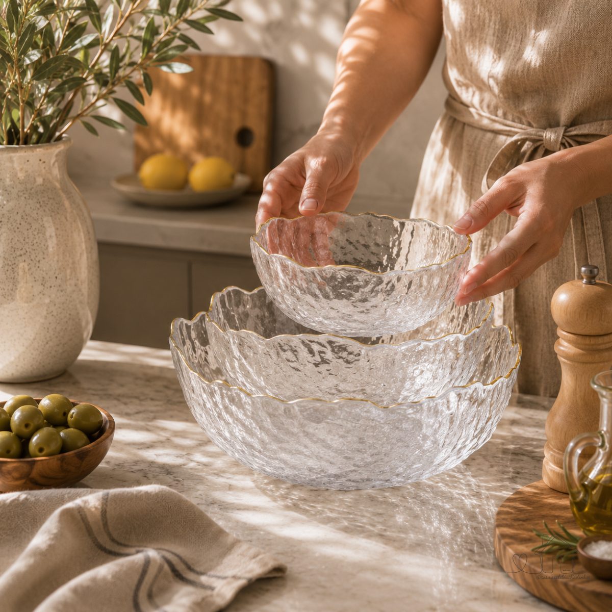 Jogo 3 Potes Bowls De Vidro Canelado Borda Fio de Ouro Gold Sobremesa Petiscos Saladeira Mesa Posta