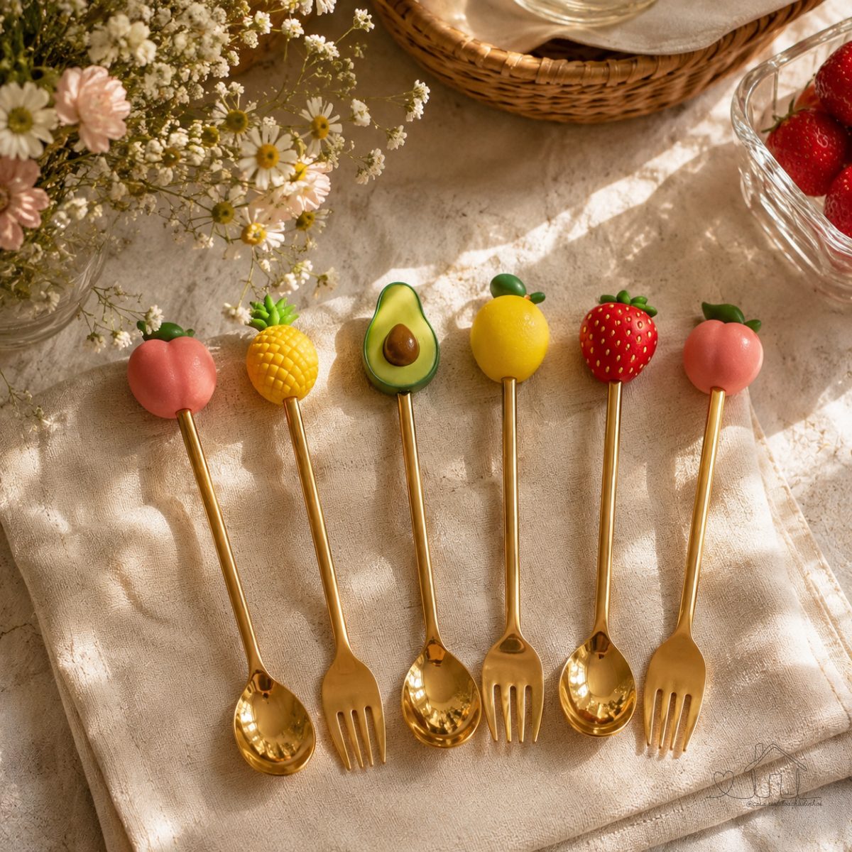 Kit Talher Sobremesa Cabo Frutas Criativo Decorativo - Aço Inox Dourado
