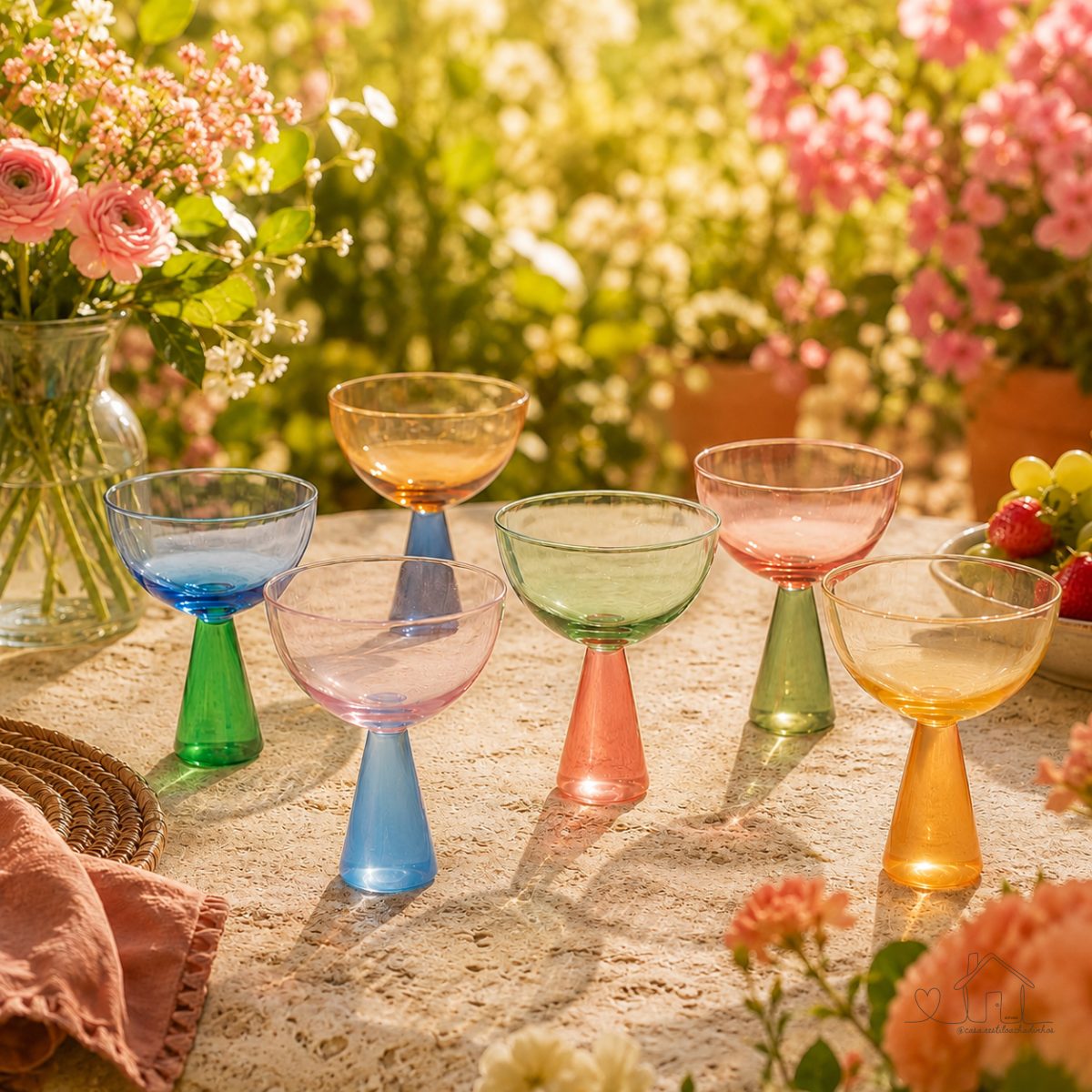 Jogo 6 Taças Vidro Coloridas 350ml Sobremesa Drinks Gin Vinho - Base Cônica