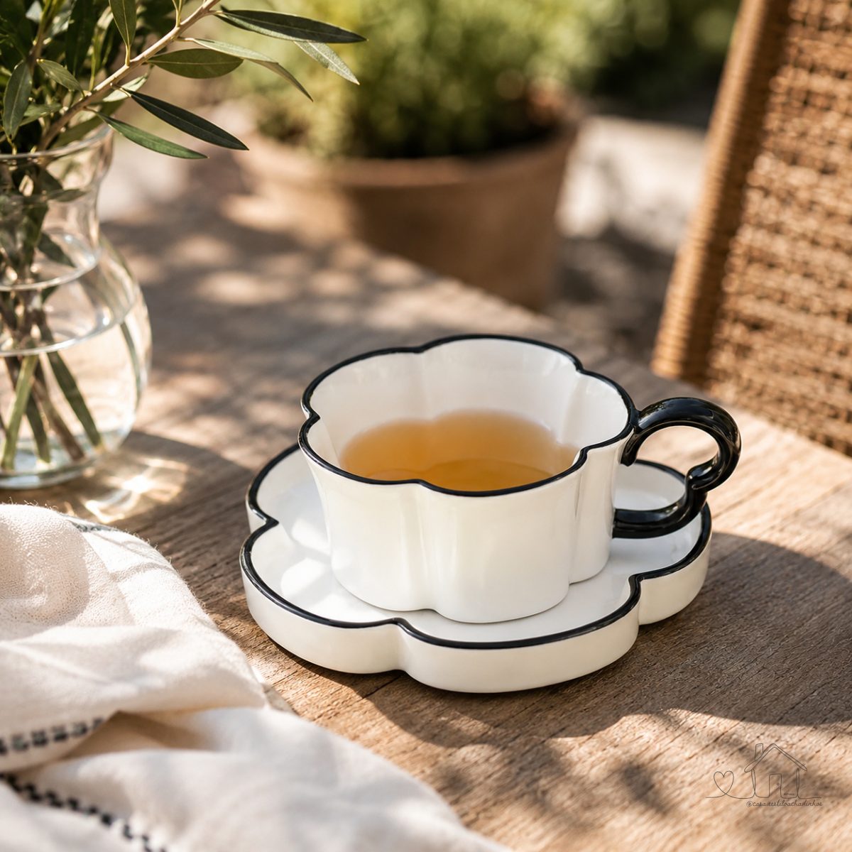 xícara de café  - Design criativo flor preto branco