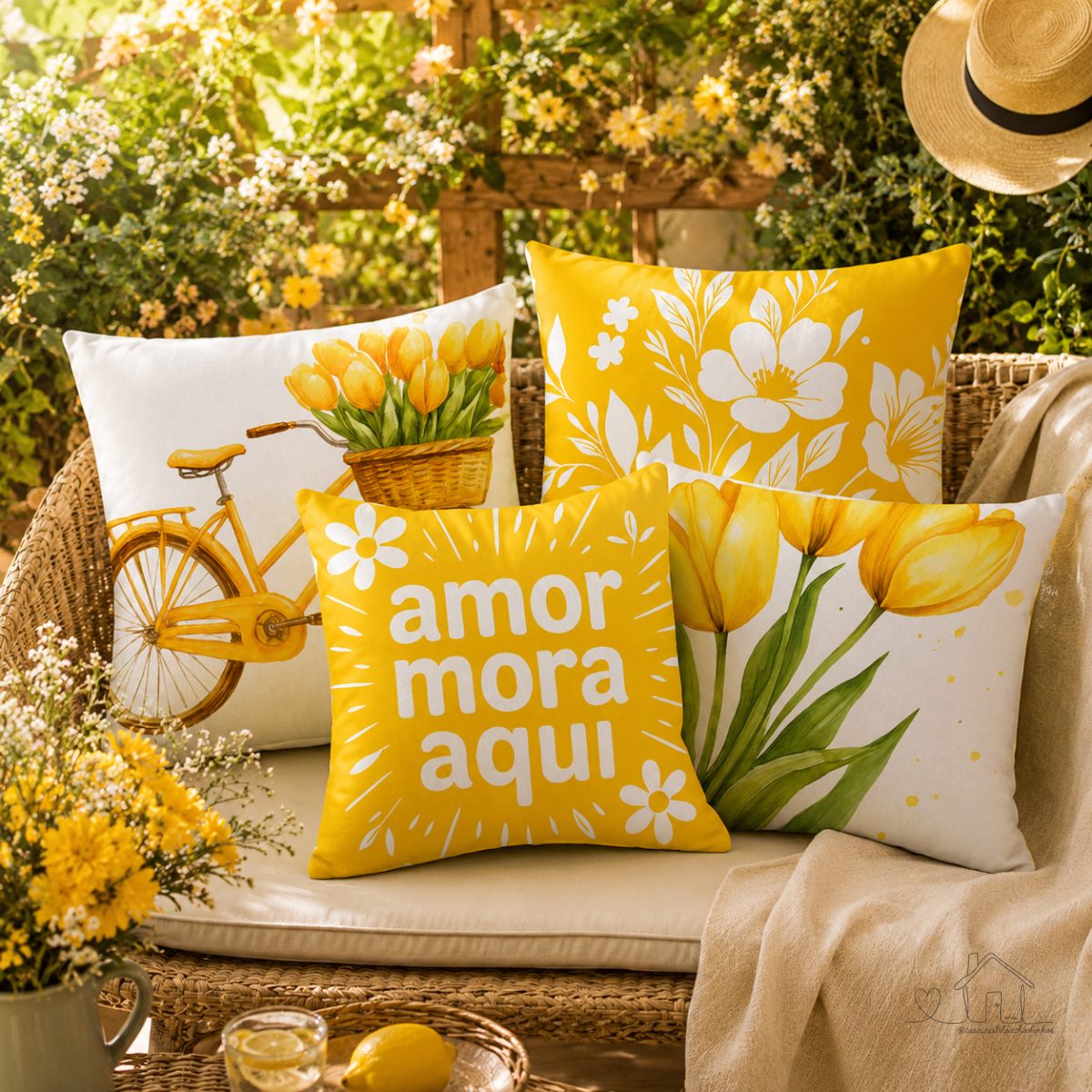 KIT 4 Capas de Almofadas Tulipas AMOR MORA AQUI TAMANHO 45X45 cm