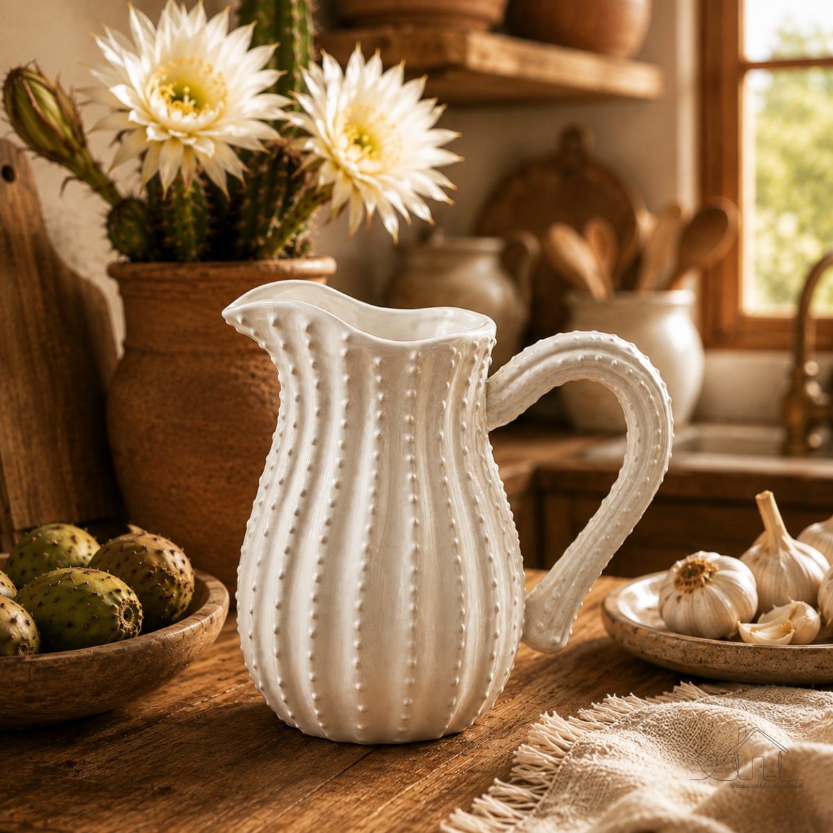 Jarra Ceramica Bege 1,5L Relevo Cacto