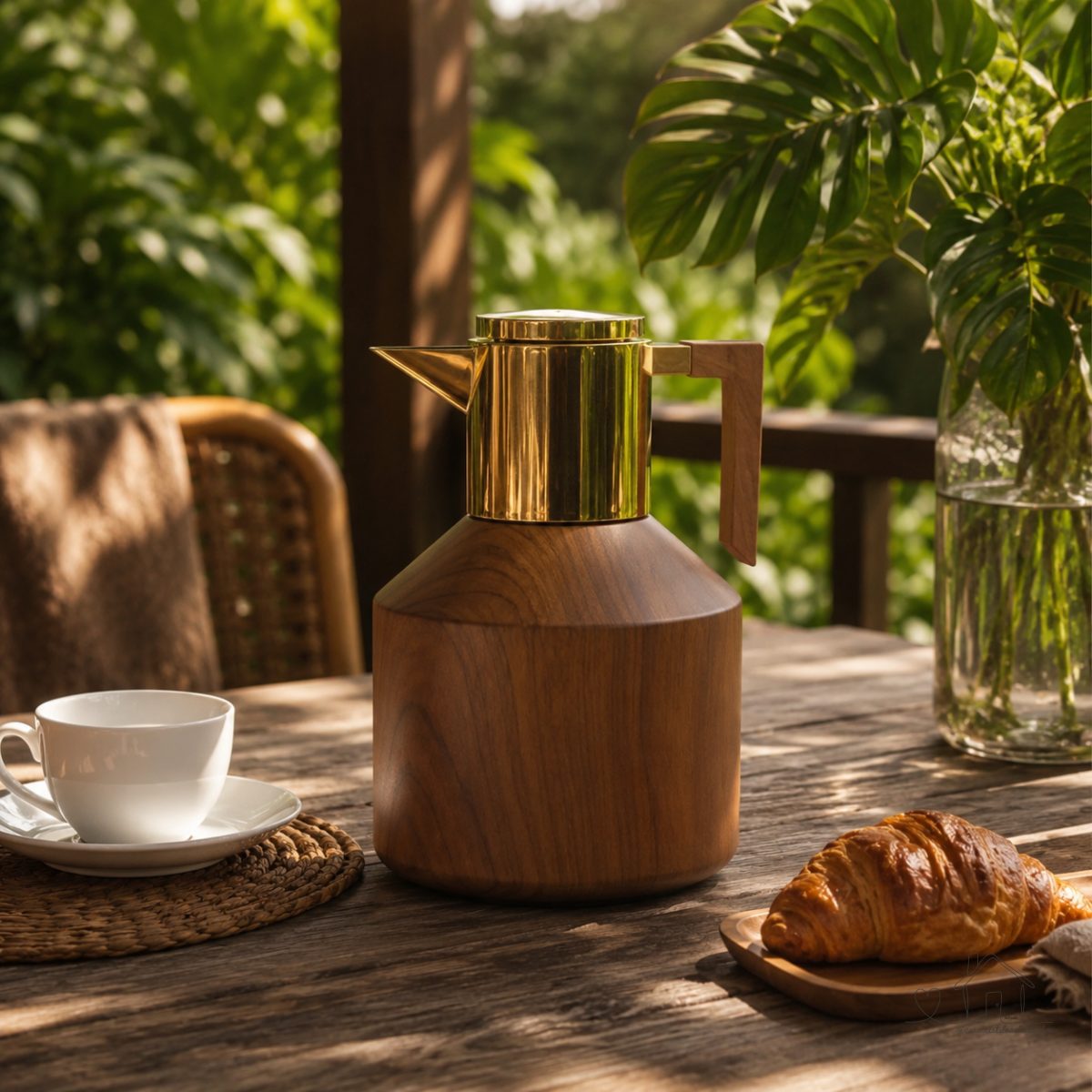 Garrafa Térmica Para Café Chá 1lt. Madeira Escura Bico Dourado