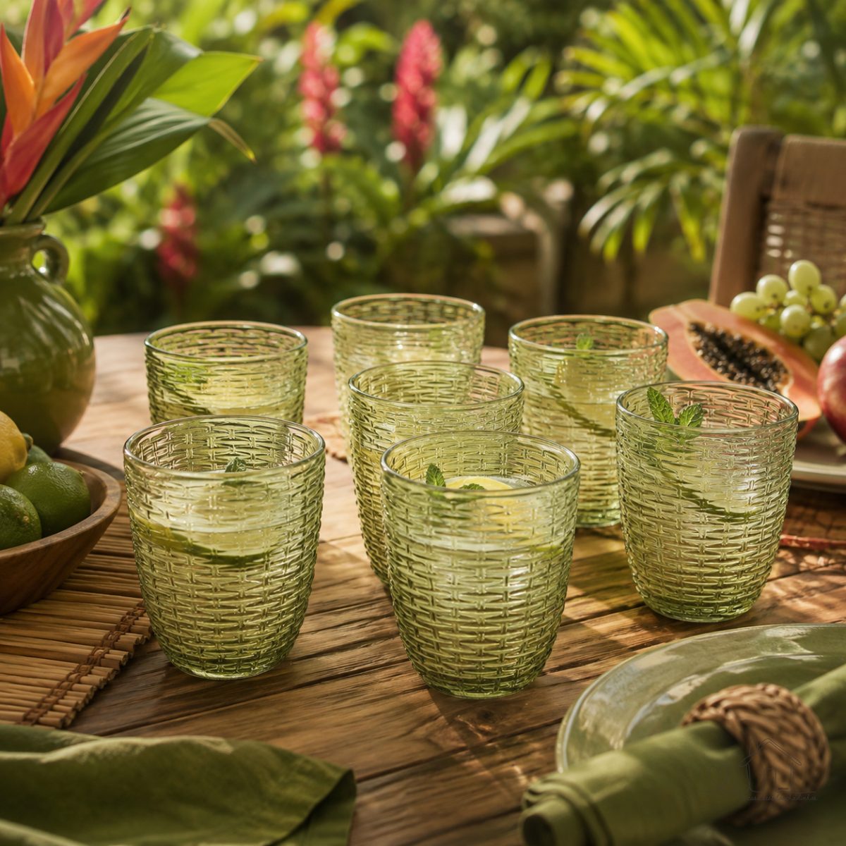 Jogo de Copos de Vidro - Baixo Rattan Verde - HAUSKRAFT com 6 PECAS 360ML