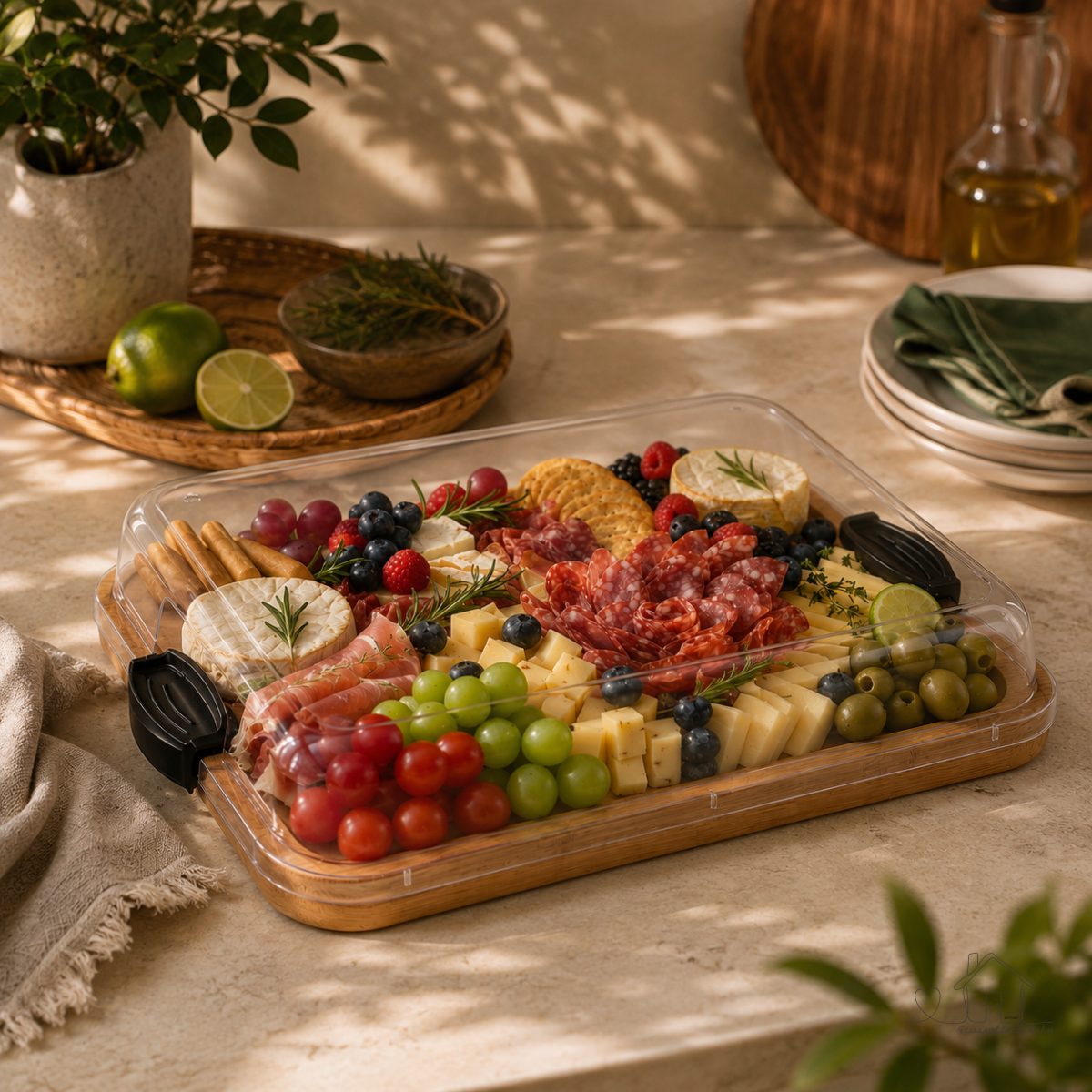 Lumai Bandeja Tabua de Bambu Grande com Tampa Acrílica e Travas para Petiscos Queijos Pães Bolinhos