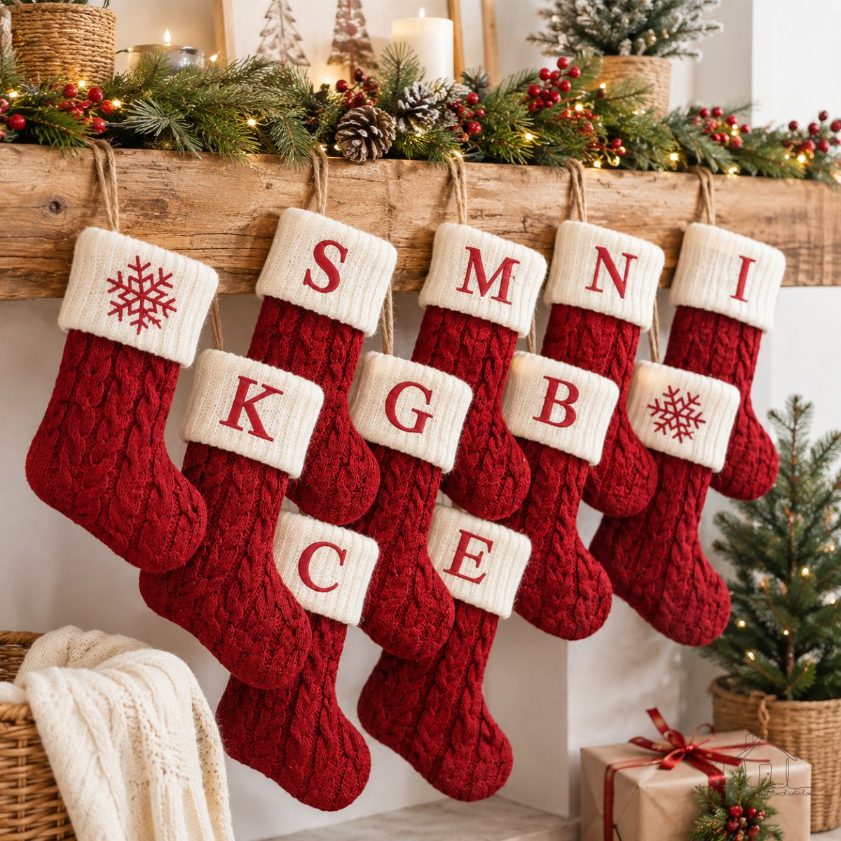 Meias de Natal / Pingentes de árvore de Natal/ Enfeite de Natal - Letras de alfabeto - Vermelhas