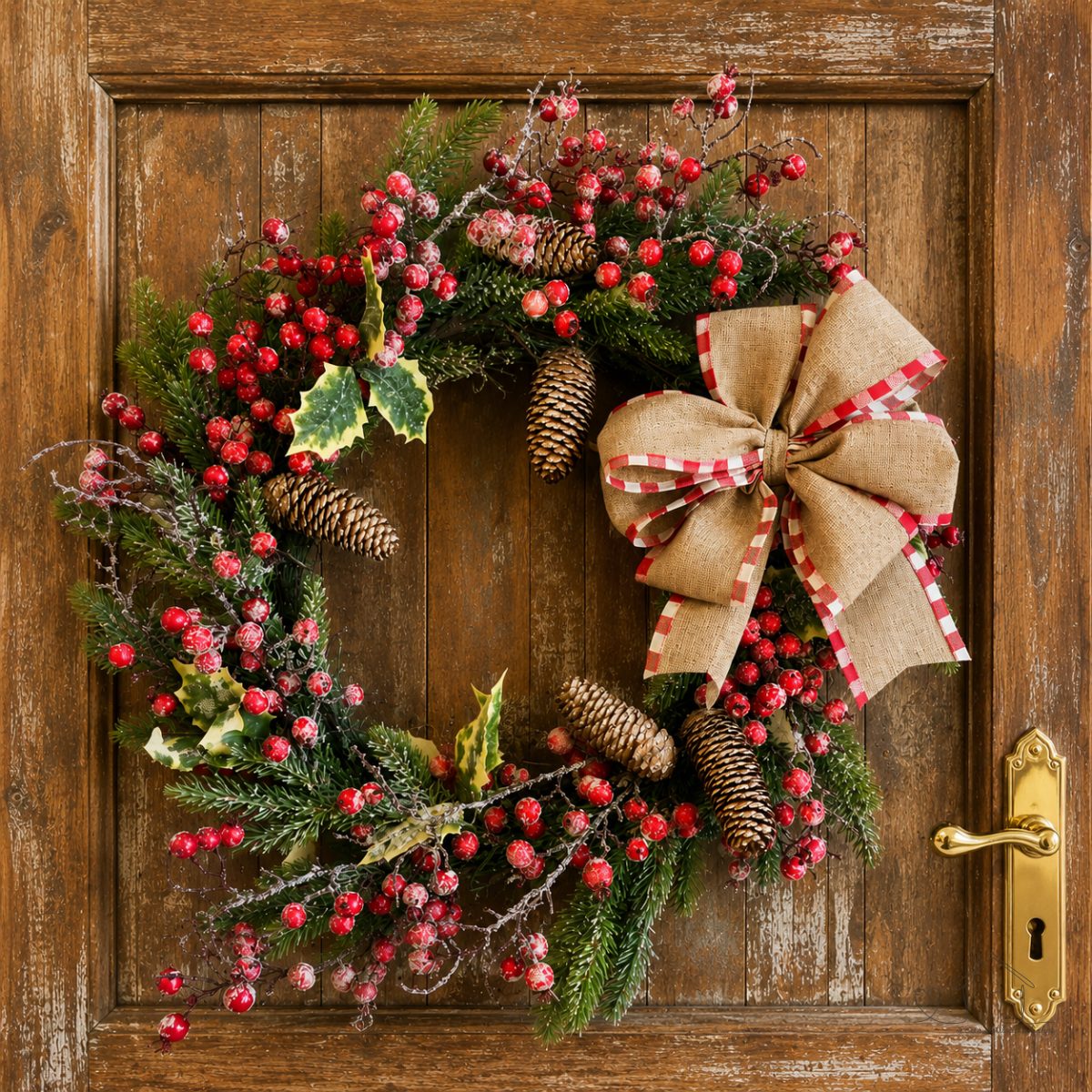 Guirlanda Natalina Rústica 50cm com Azevinho Vermelho Pinha e Laço Juta | Porta de Natal