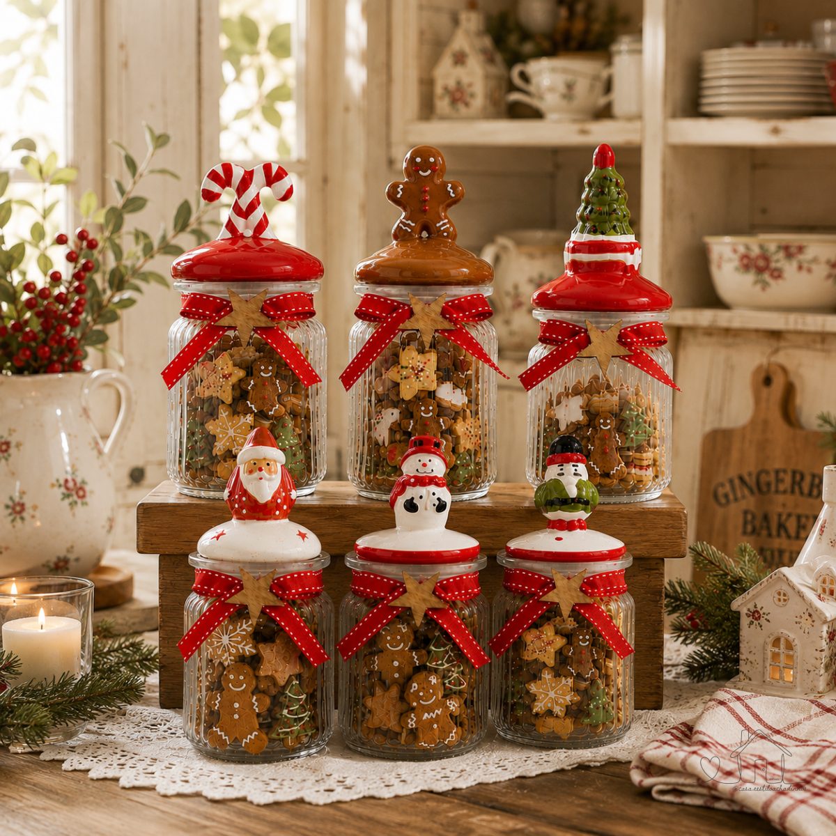 Potes de Vidro Natalinos 300mL - Decoração de Natal com Tampa Decorada (unidade)