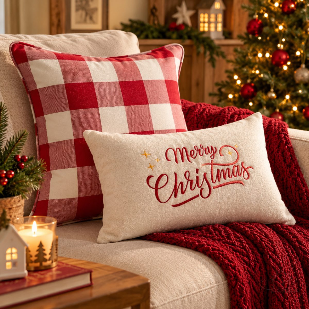 Capa de Almofada Merry Christmass Bordada Retangular 30x50