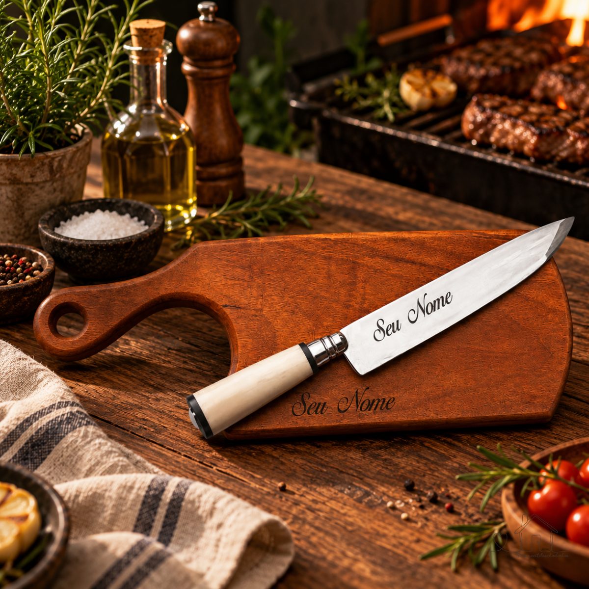 Kit Churrasco Personalizado Conjunto Faca 8 Polegadas e Tábua Artesanal Madeira Nobre Muiracatiara