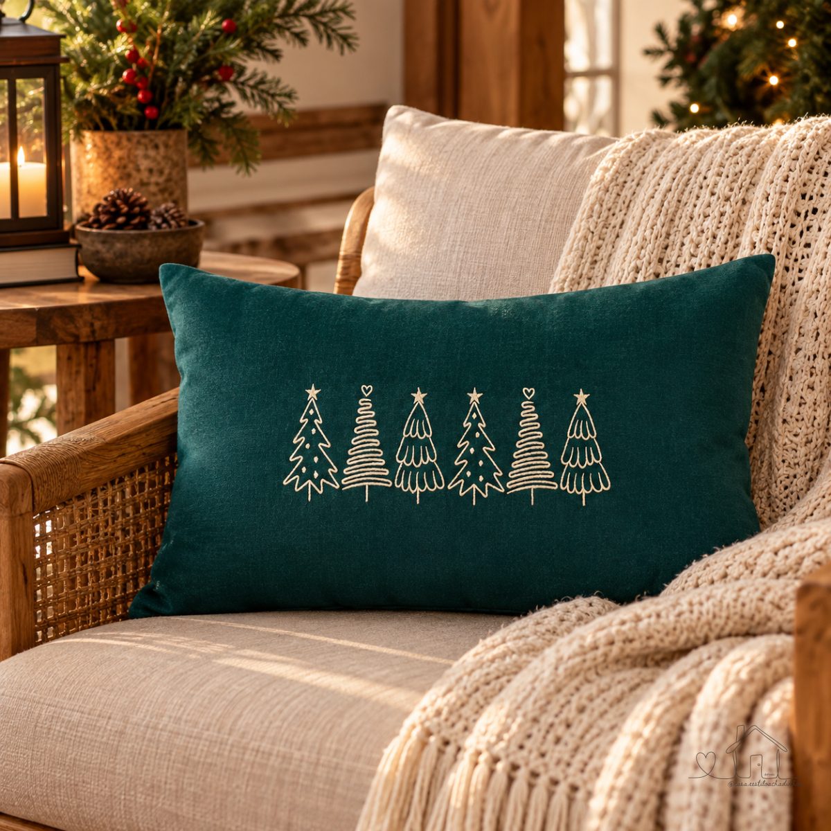 Almofada Natalina Veludo Verde Baguete Bordado Árvore De Natal Dourada Presente Natal Decoração
