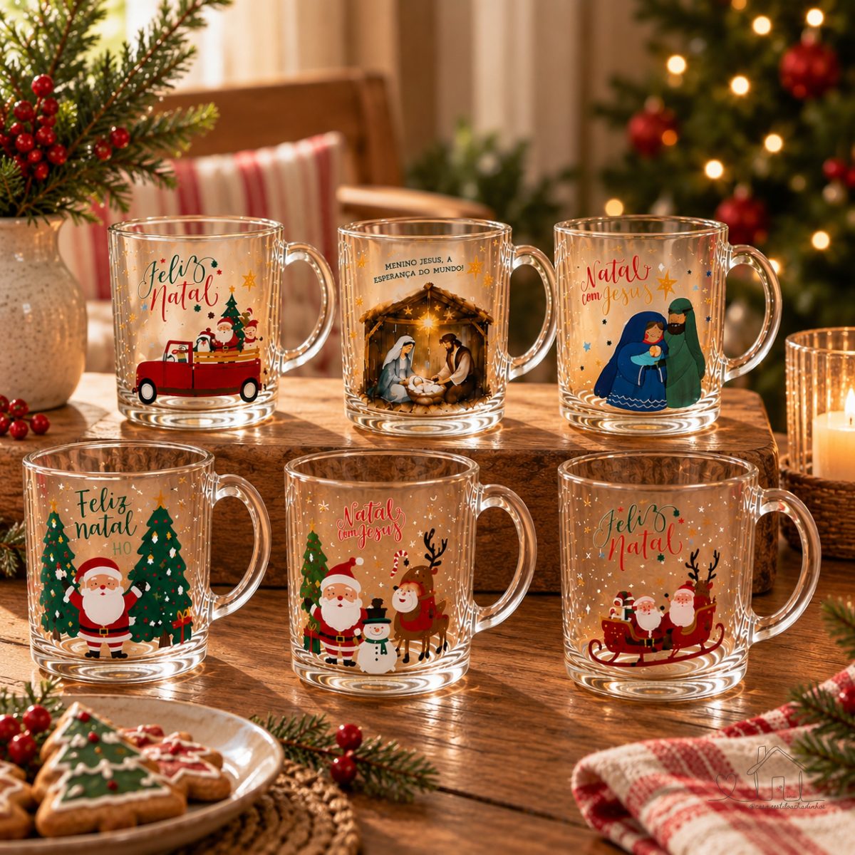 Kit Até 6 Canecas de Vidro Natal 250ml Estampas Sortidas Festa