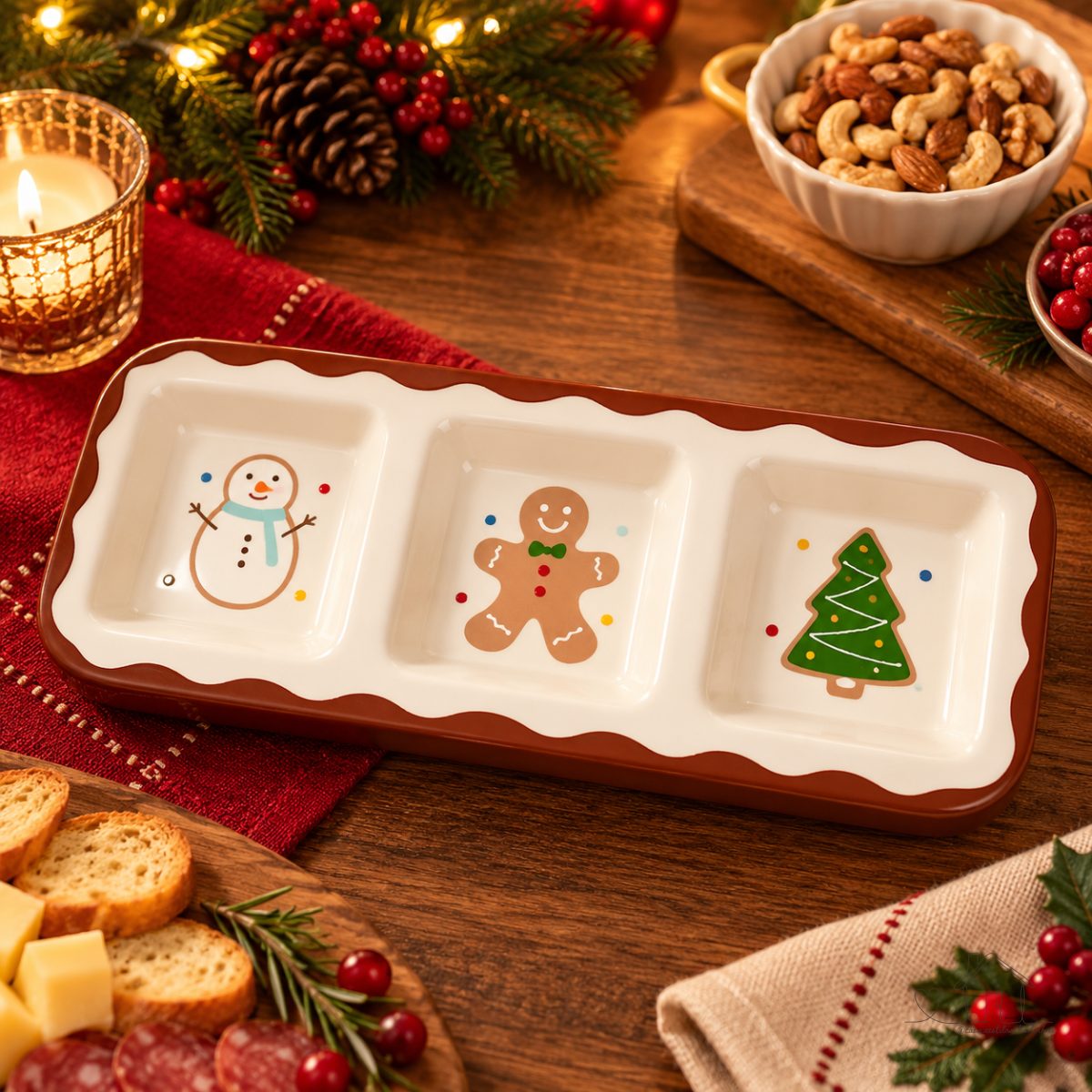 Petisqueira Natalina Porcelana 29,5 x 11,5 Com Divisórias para porções com Desenhos Natalinos