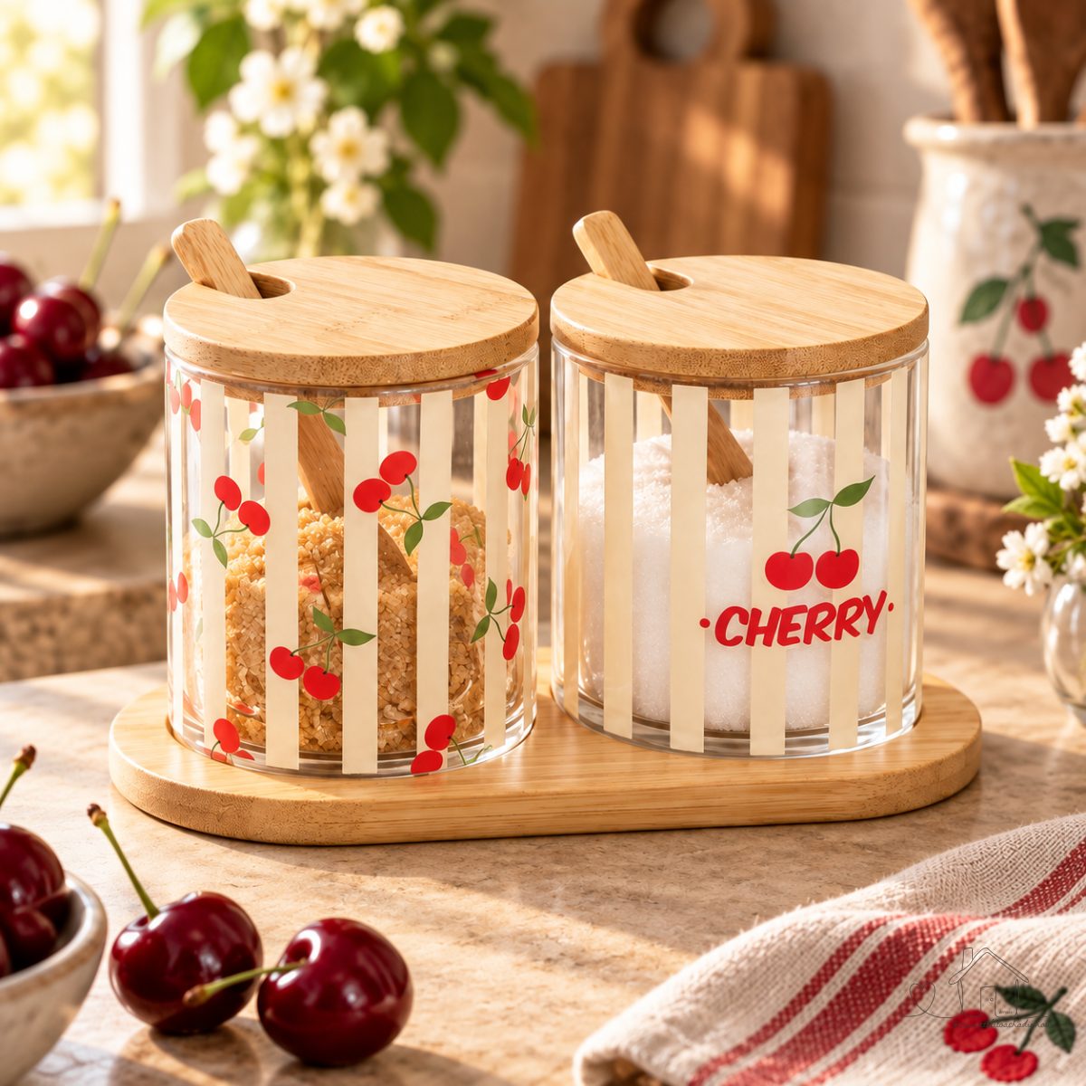 2 Potes Vidro colher e Bandeja Cherry 19 cm x 9,5cm Bambu