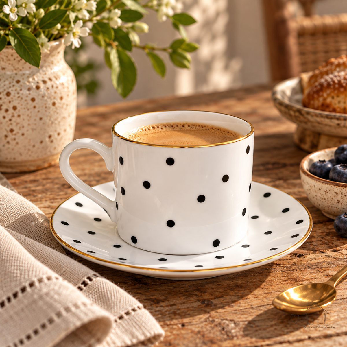 Xícara Chá 200ml Porcelana Poá Preto Filete Ouro