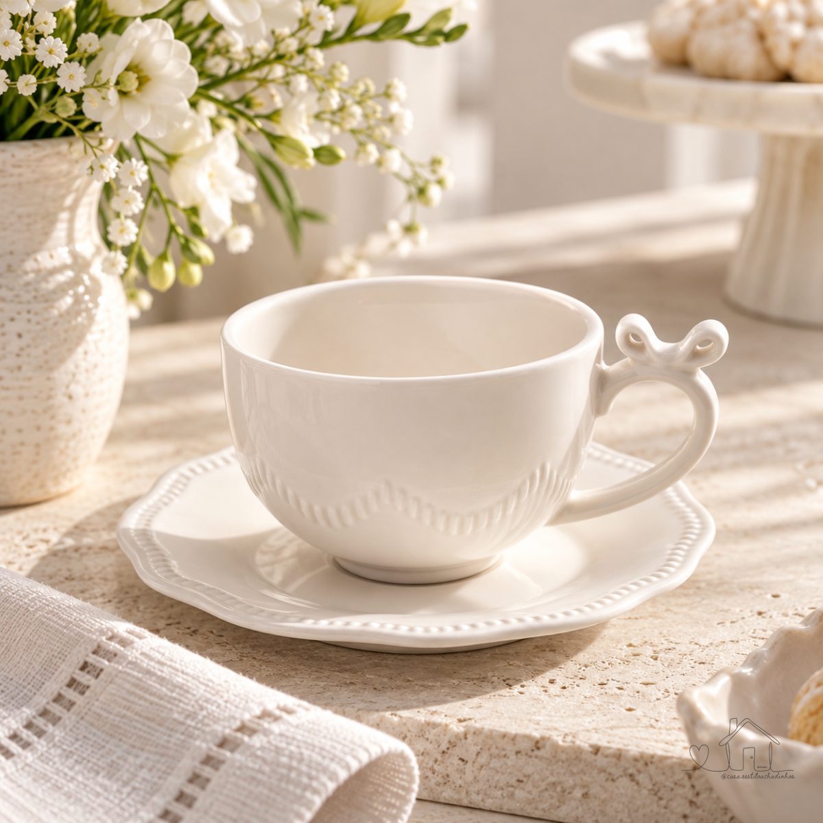 Jogo 4 Xicaras e Pires Chá/ Café Laço Porcelana 200ML Luxo Clássica