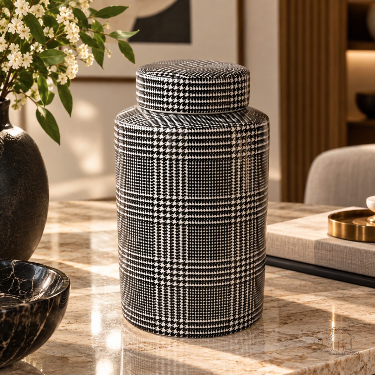 Vaso Potiche Chic Porcelana Xadrez com Tampa 25cm