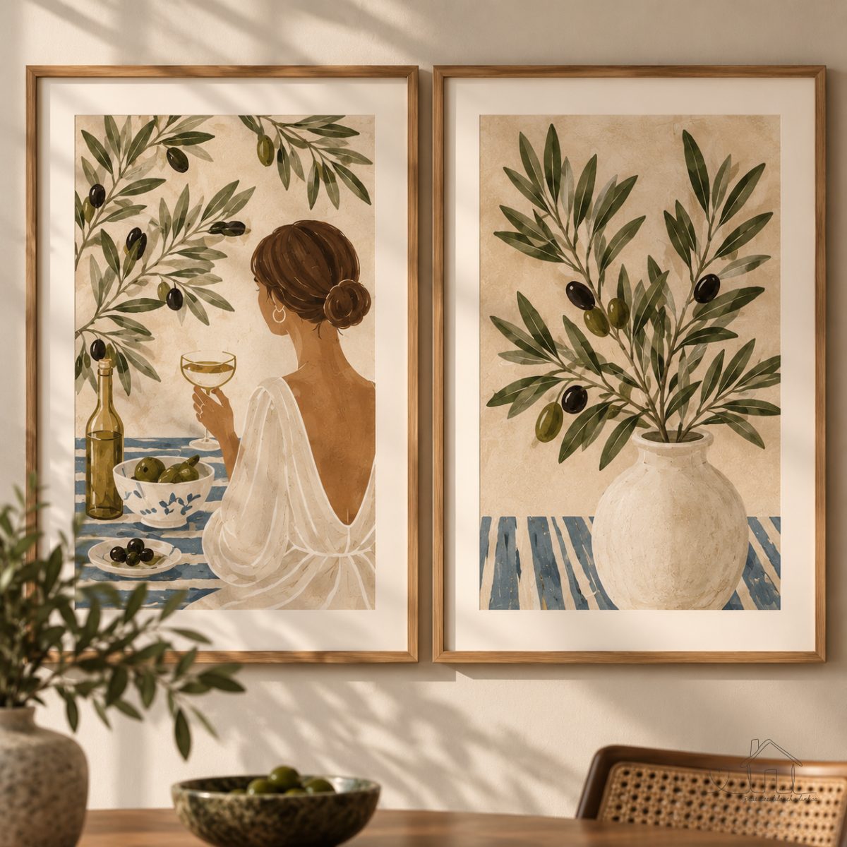 Kit 2 Quadros Decorativos Minimalista Mulher Vaso Moderno e Ramo de Oliveira
