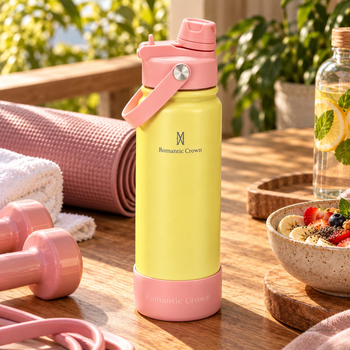 ROMANTIC CROWN Garrafa Térmica 800ml Aço Inox 304 Grande Capacidade com 2 Formas de Beber