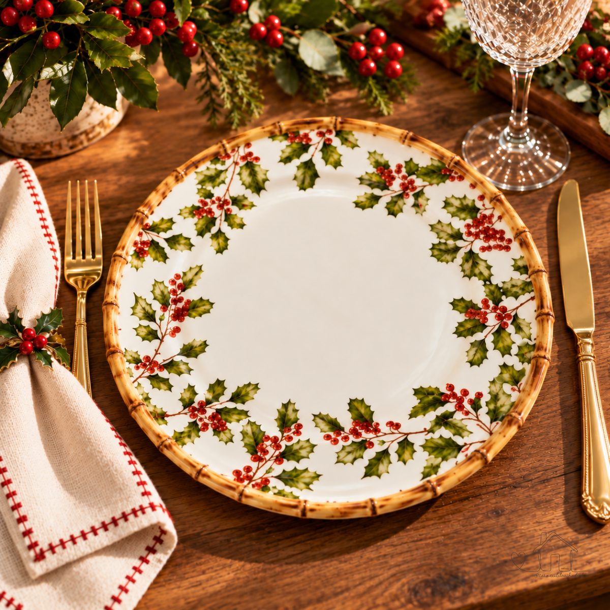 Jogo 6 Pratos Raso Natal Christmas Cheers Borda Bambu Maison Blanche