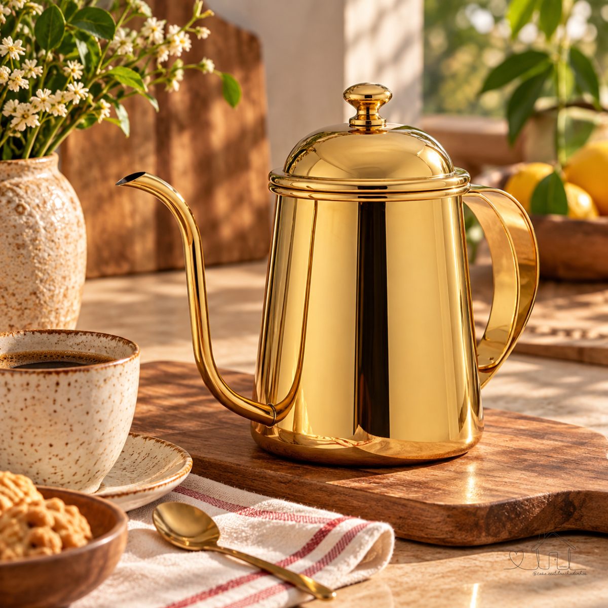 Chaleira Pescoço de Ganso Bule Inox 750ml Dourado Bico Fino Moderno