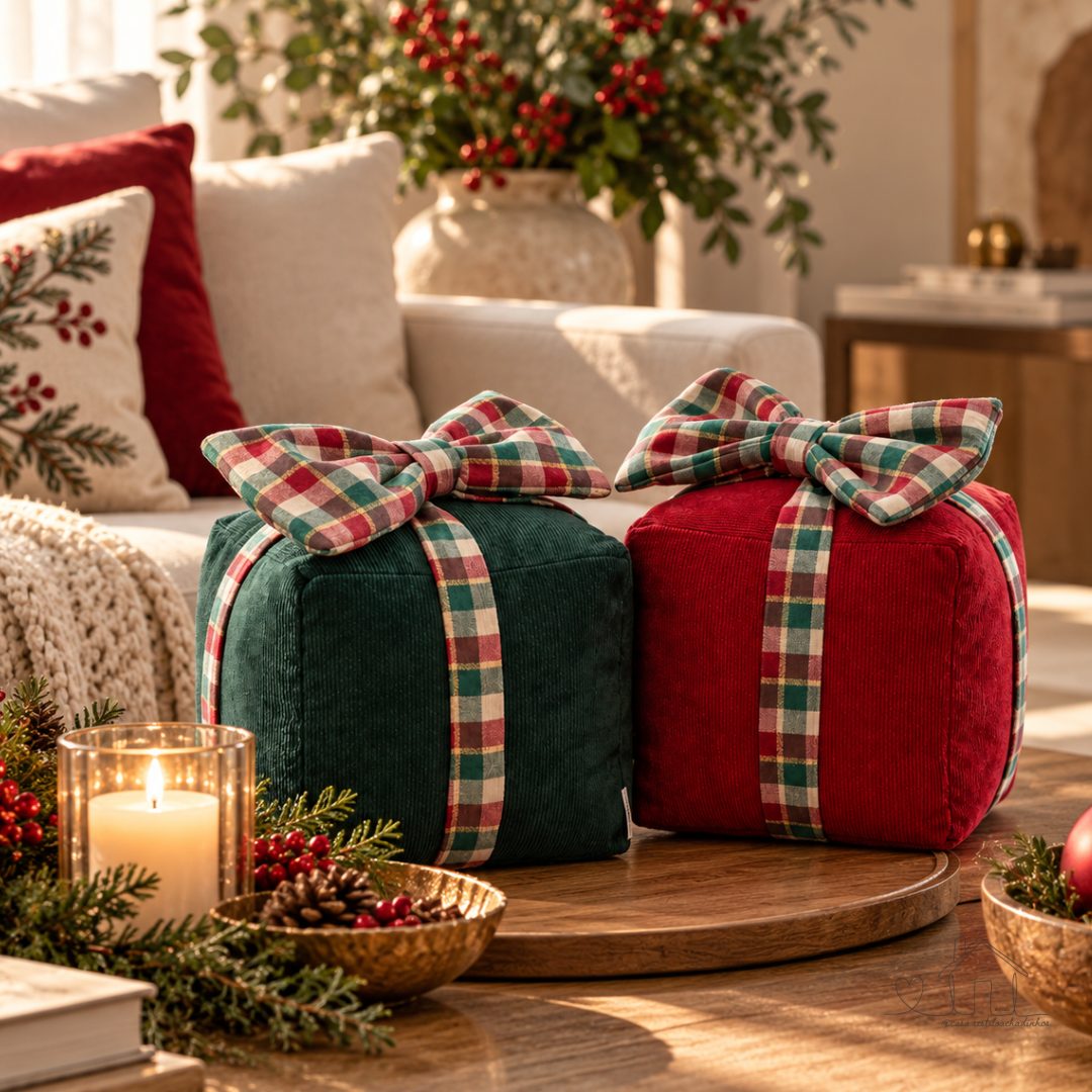 Almofada Decorativa Natal Caixa de Presente Veludo com Laço 17cm X 20cm