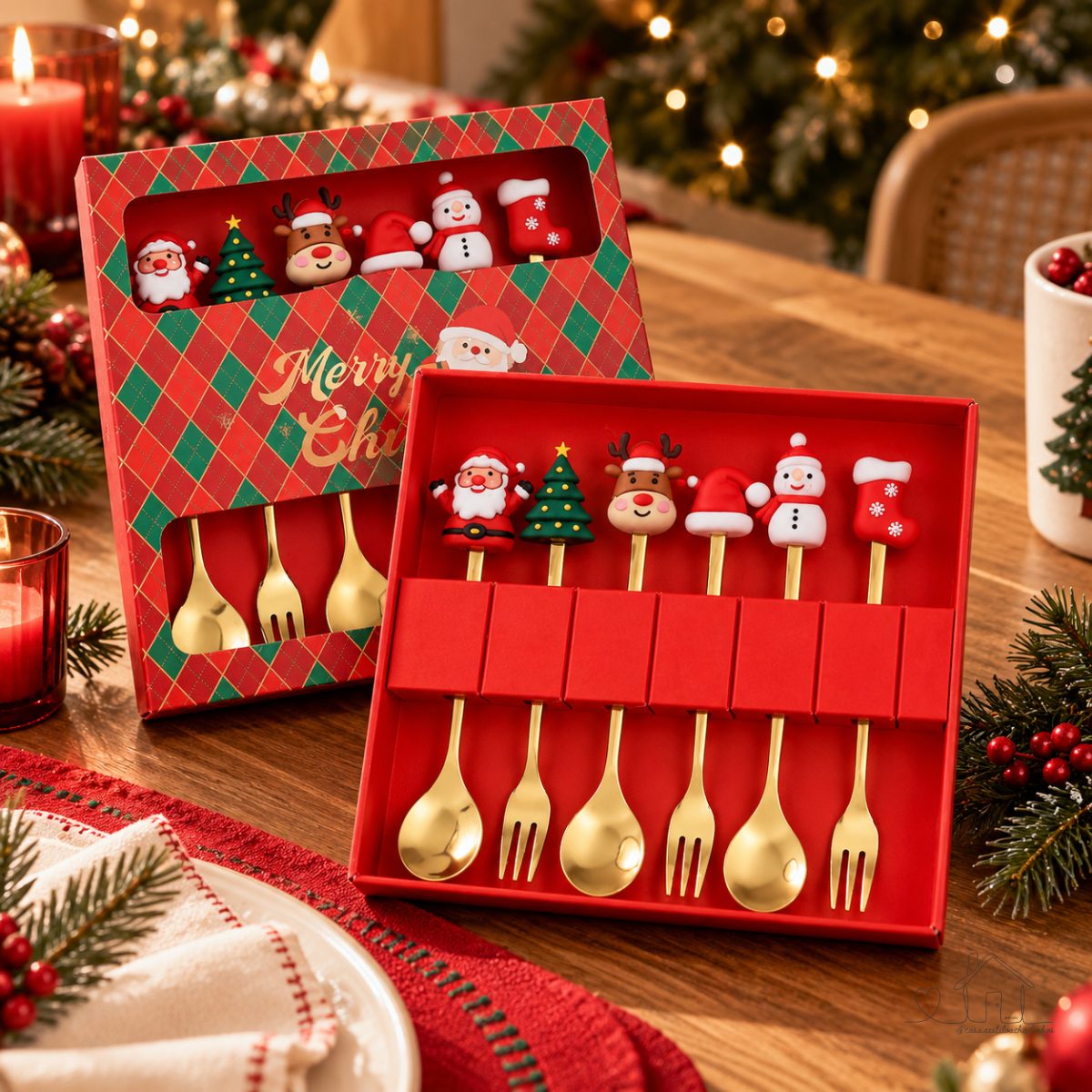 🎄6 Pçs Conjunto de Garfo e Colher de Natal de Aço Inoxidável