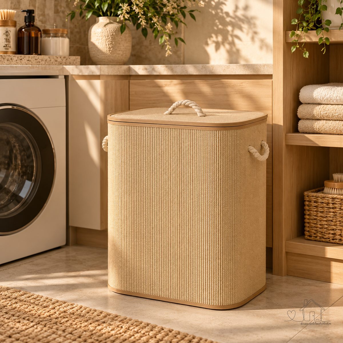 Cesto Bambu Dobrável Lyor 60L Ecológico Retangular com Tampa e Forro