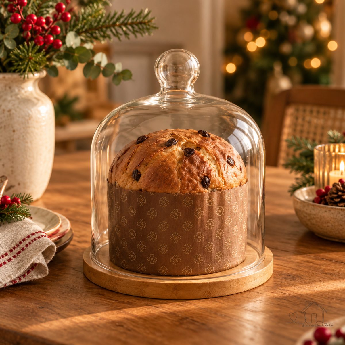 Porta Panetone de Vidro com Base em Bambu 19cm para 400g Natal