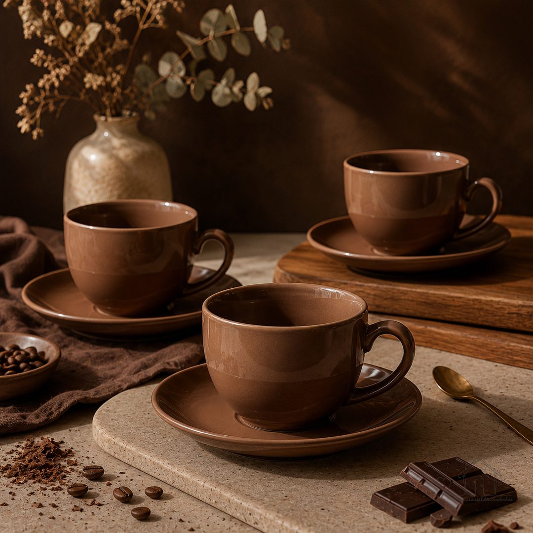 Jogo de 2 Xicaras e pires para Chá em porcelana 220ml Caramelo Rústico
