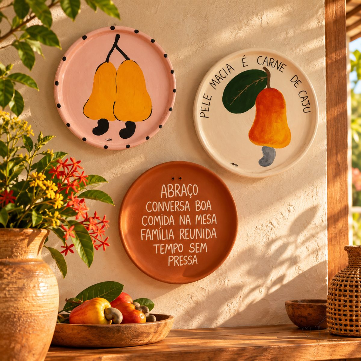 Prato decorativo de barro com 19cm | abraço, conversa boa, comida na mesa, família reunida, tempo sem pressa | cerâmica