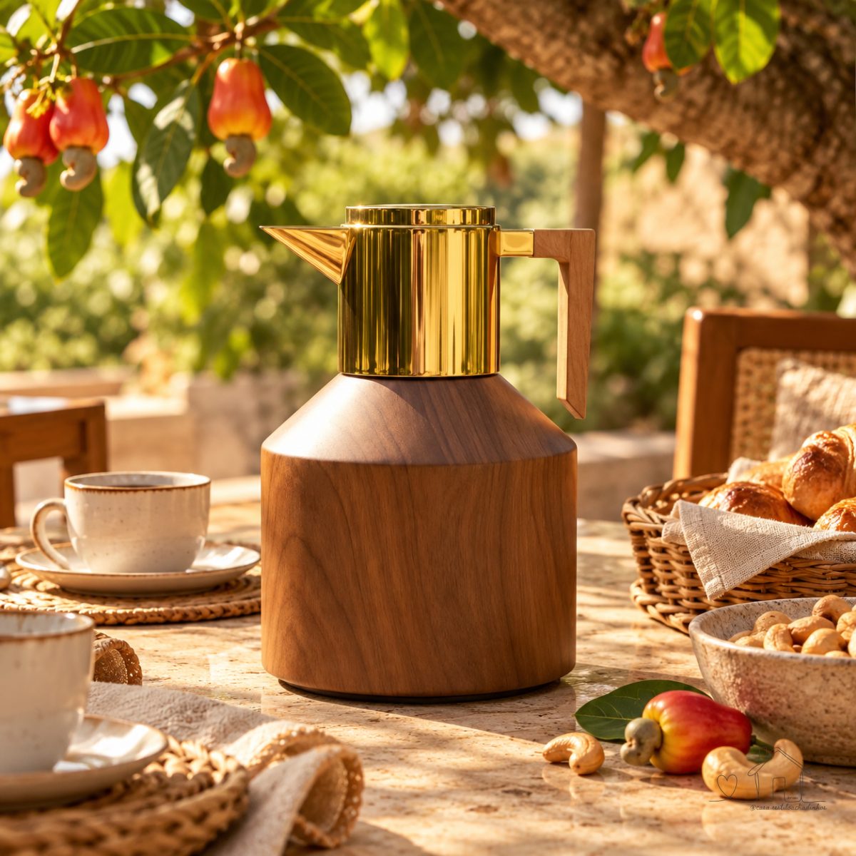Garrafa Térmica Para Café Chá 1lt. Madeira Escura Bico Dourado