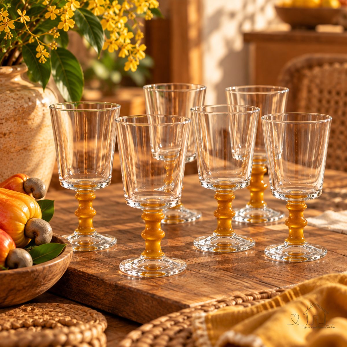 Jogo 6 Taças Para Água Vinho De Vidro Bamboo Âmbar 320ml Hauskraft