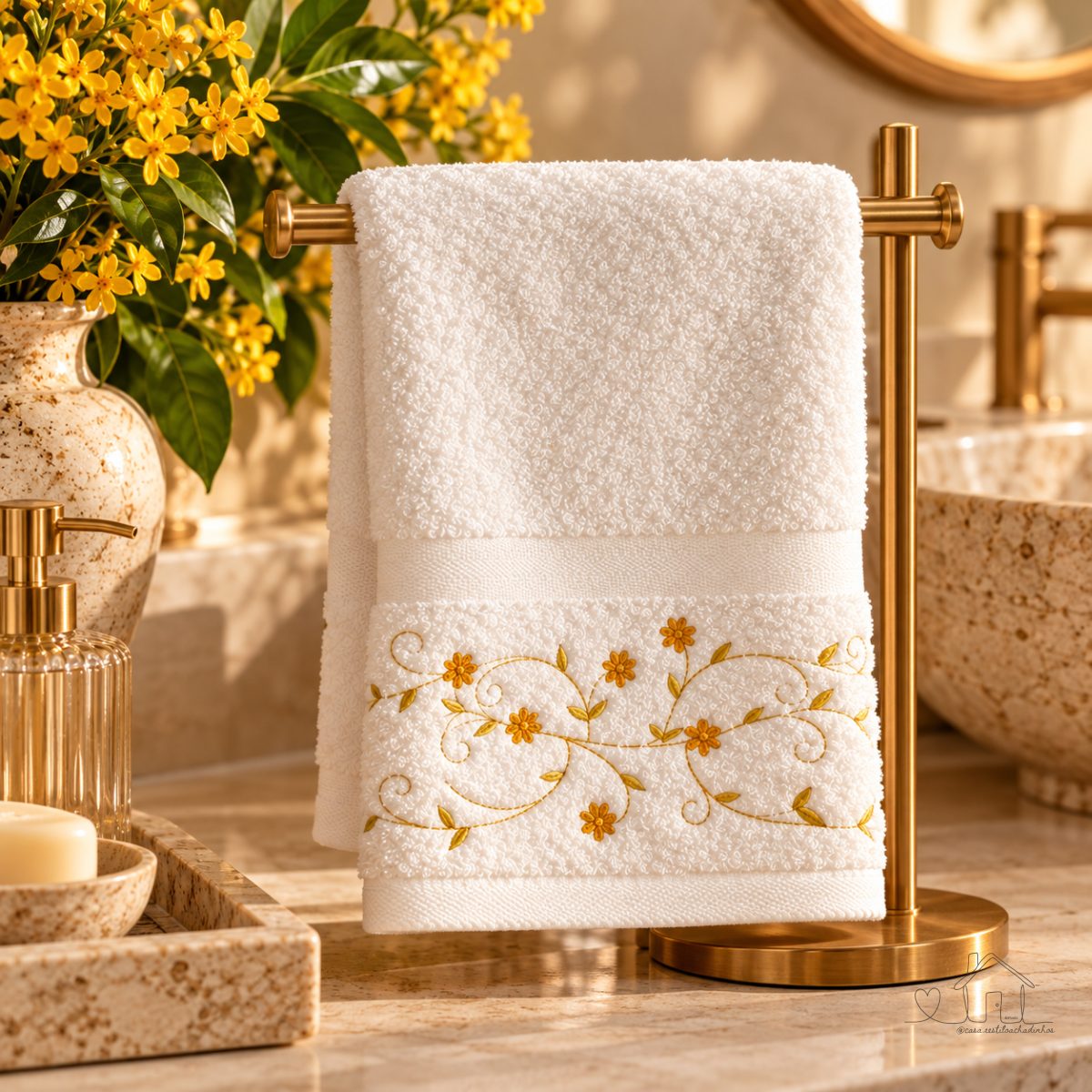 Toalha de Lavabo (30 x 50 cm) em Algodão Egípcio - Bordado Floral exclusivo