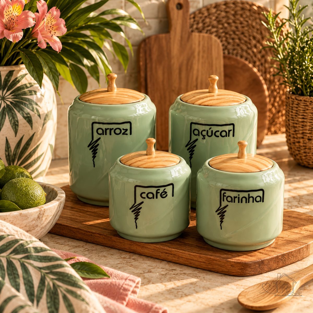 Kit 4 Potes para Mantimentos Verde com Tampa de Madeira