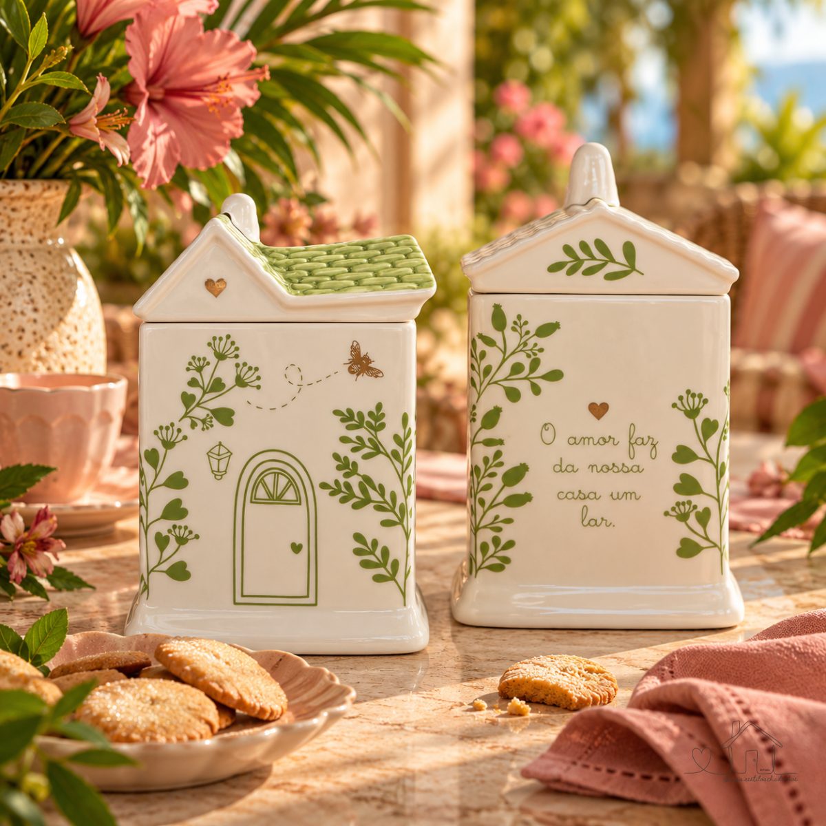 Pote Casinha Dupla G Porcelana Pintada à Mão
