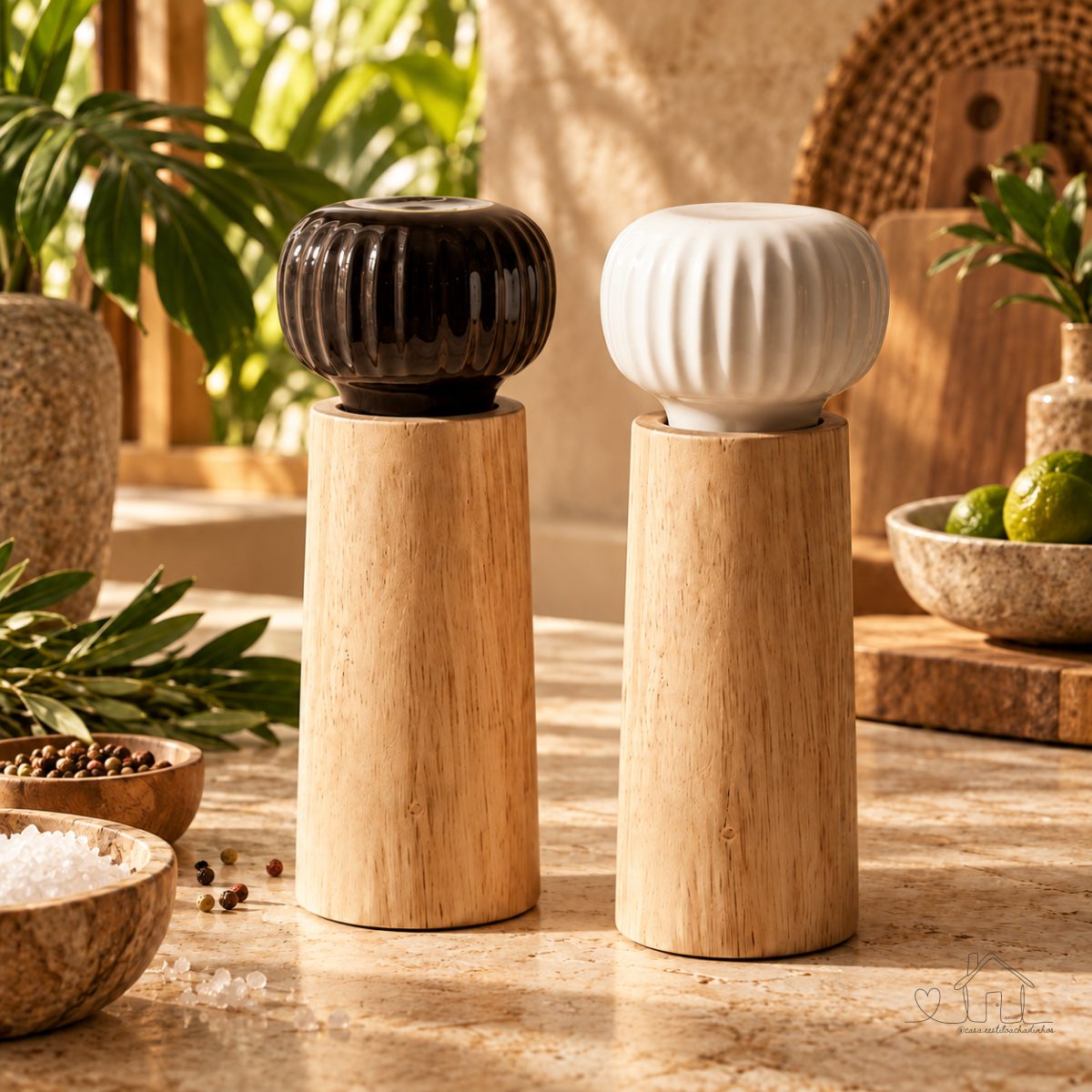 Jogo 2 Moedores Sal e Pimenta Madeira Ceramica Canelada Saleiro Pimenteiro Manual Mesa Posta 16cm