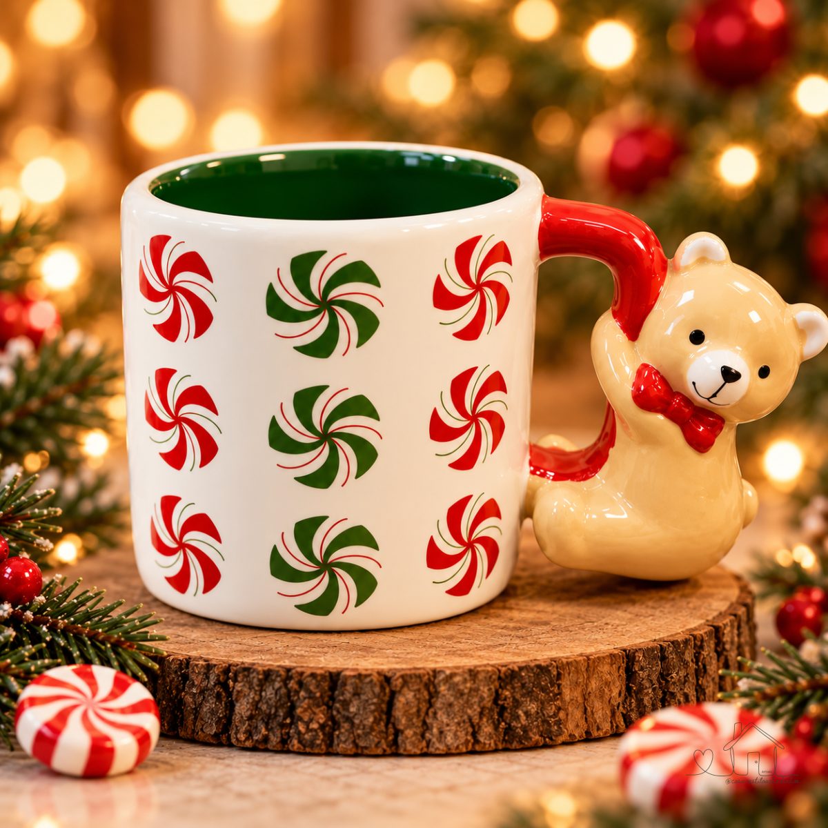 Caneca Urso em Cerâmica Branca/Verde/Vermelha 300ml