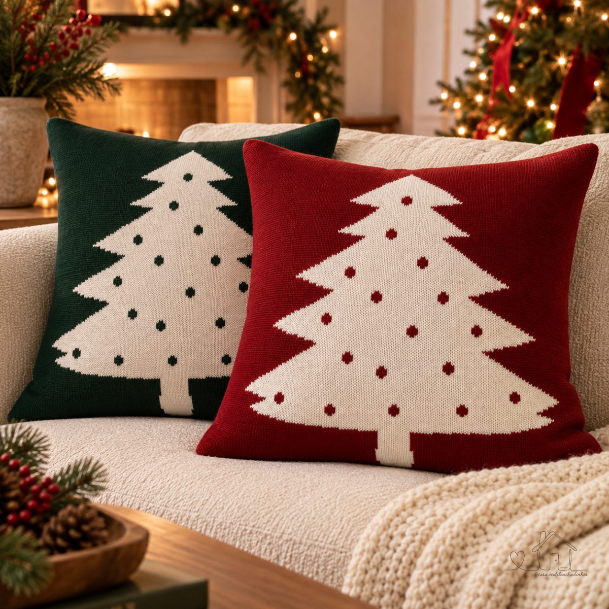Capa Quadrada Natalina 45x45 Tricot Árvore de Natal Conforto