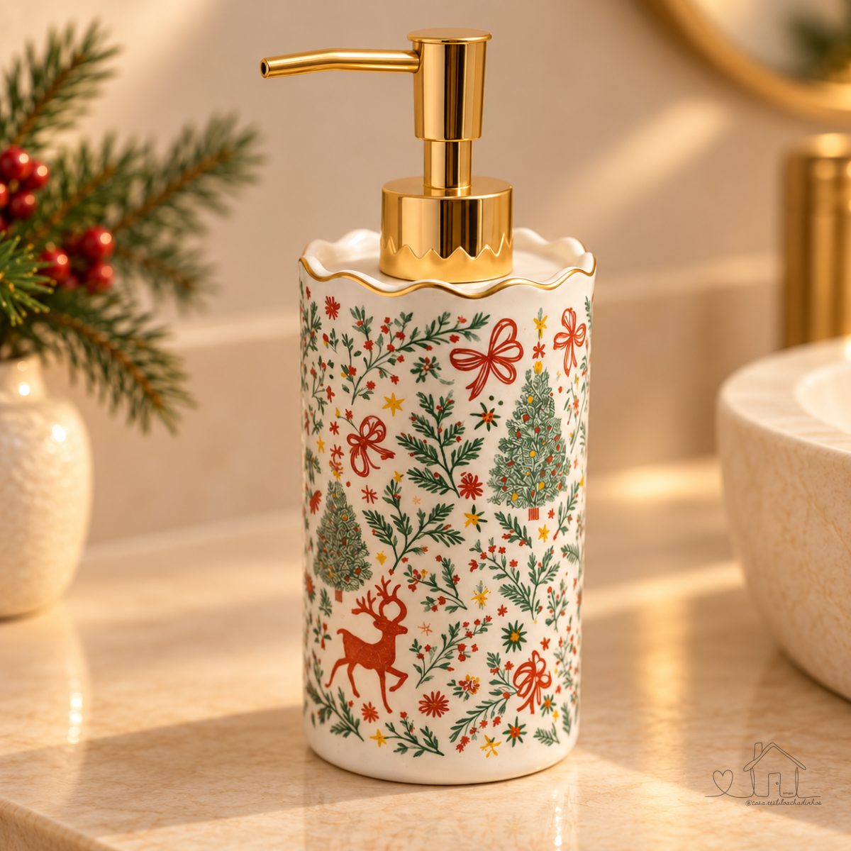 Dispenser de Sabonete Líquido Natal em Cerâmica 21cm