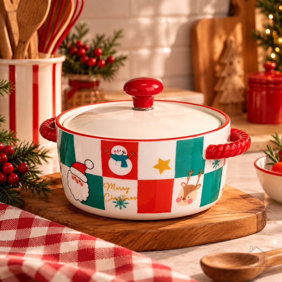 Panela Noel Natal Mesa Posta Tampa de Vidro Cerâmica 800ml - PARA SERVIR!, Não vai ao fogo.