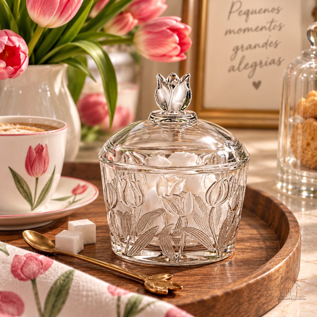 Acucareiro de Vidro com Tampa Flor Tulipa e Colher 230ml