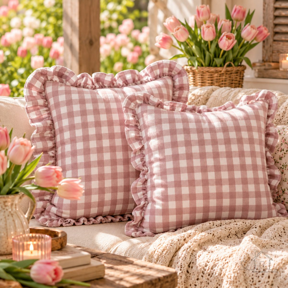 Capa de Almofada Estampada com Babados Vichy Elena Rosa 100% Algodão 43x43cm