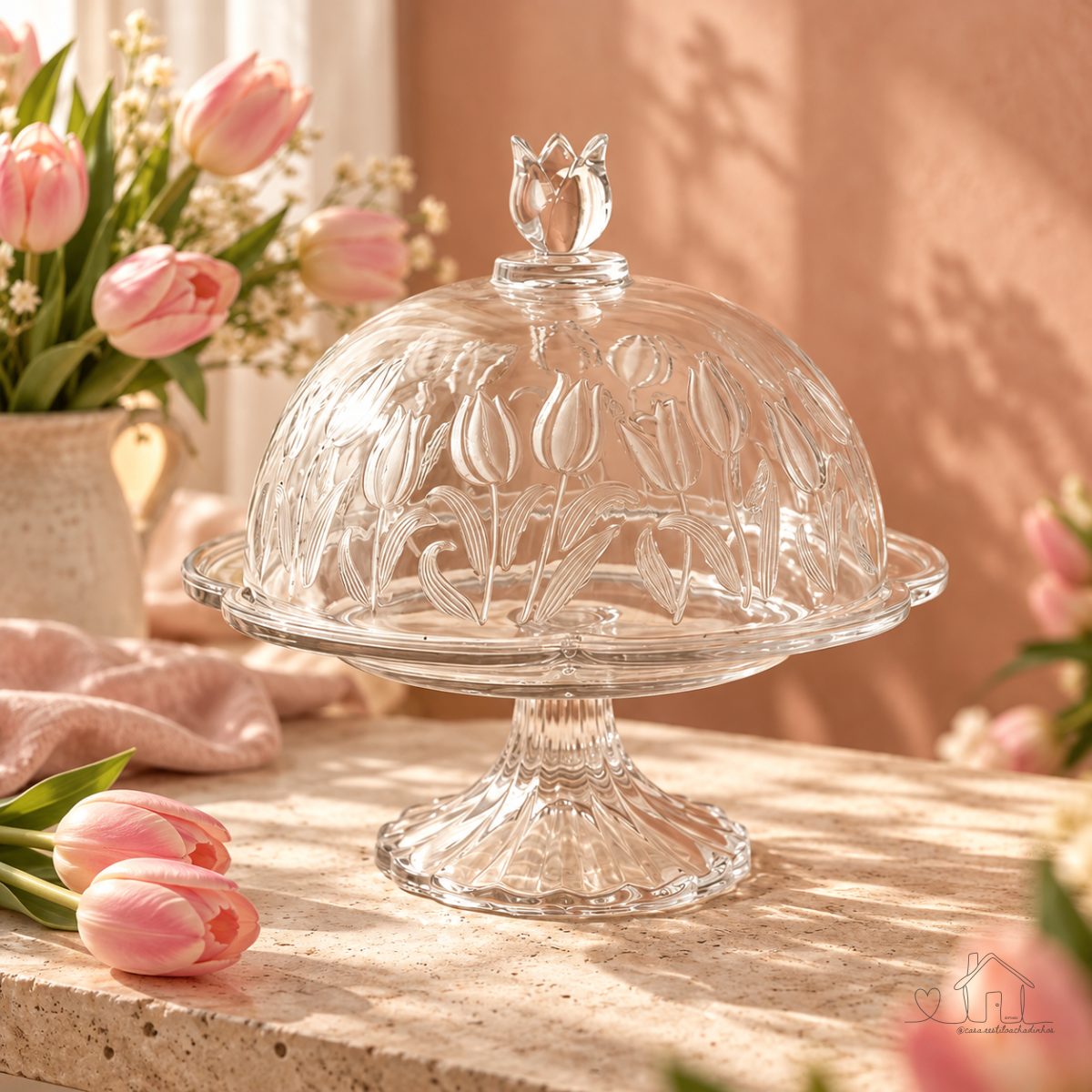 Boleira Bandeja Prato com pé e tampa Tulipa em cristal 19,8xA22,4cm