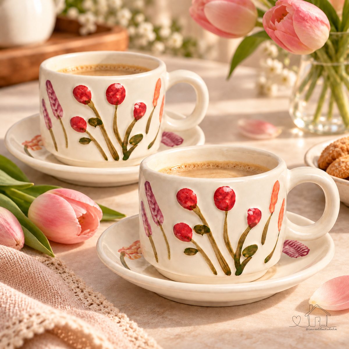 Jogo 4 Xícaras Chá Café com Pires Florescer Cerâmica 210ml Floral Flores Mesa Posta Elegante
