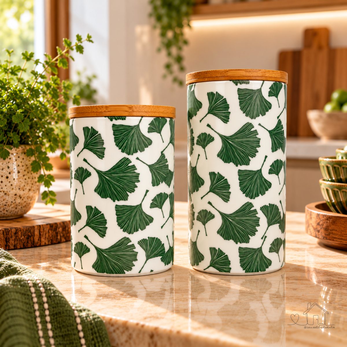Pote Mantimentos Cerâmica Folhas Verdes Tampa Bambu 1,5L