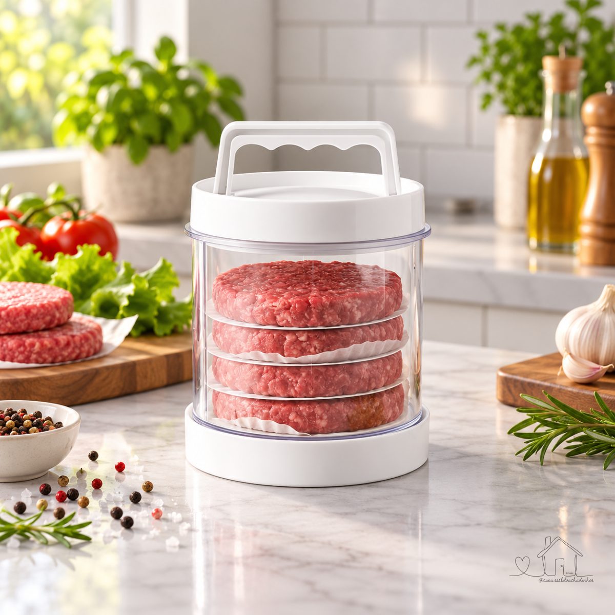 Fabricante de Hambúrguer Multicamadas com Recipiente de Armazenamento, Molde de Prensa de Carne