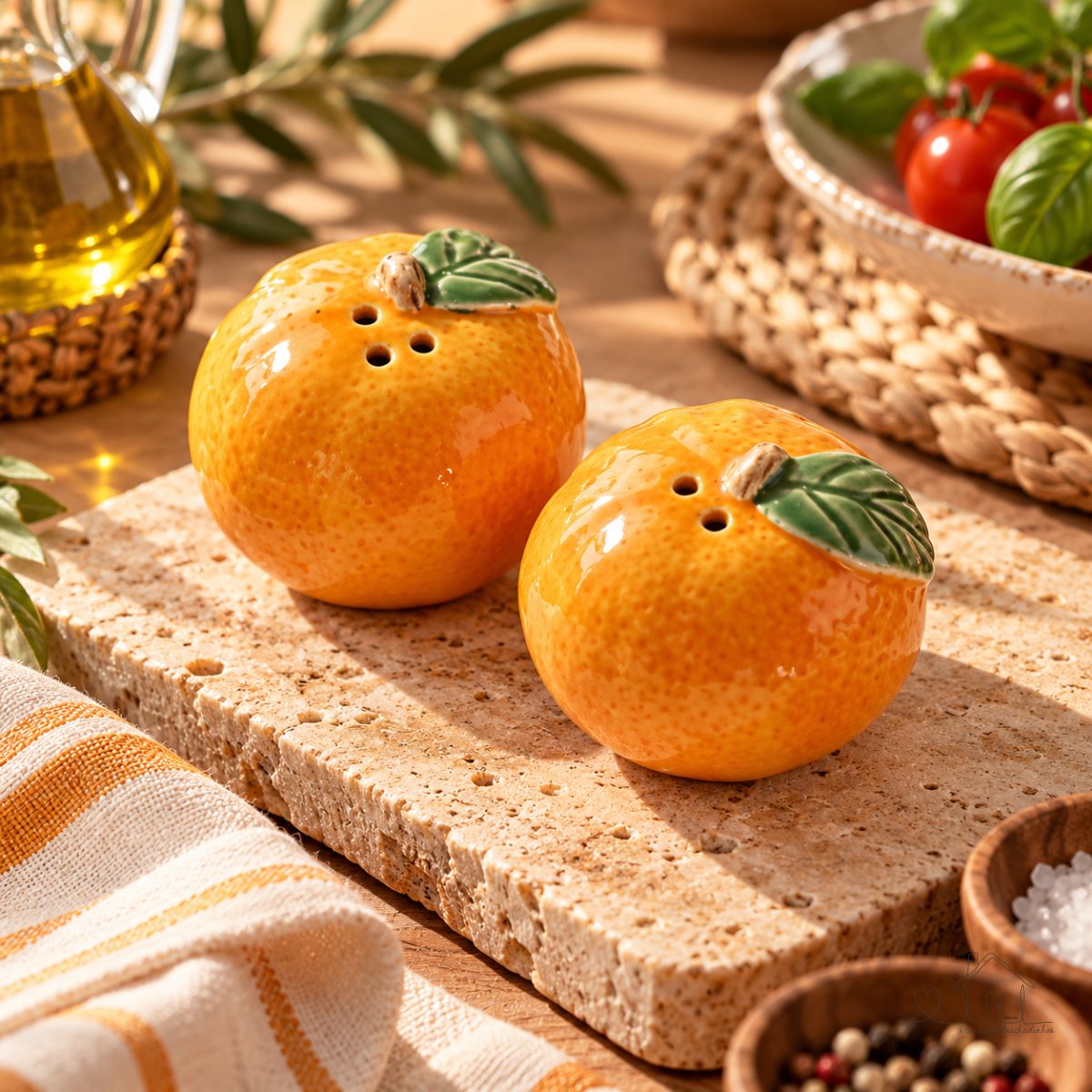 Saleiro e Pimenteiro de Cerâmica Formato Laranja – Porta Temperos Decorativo 6cm